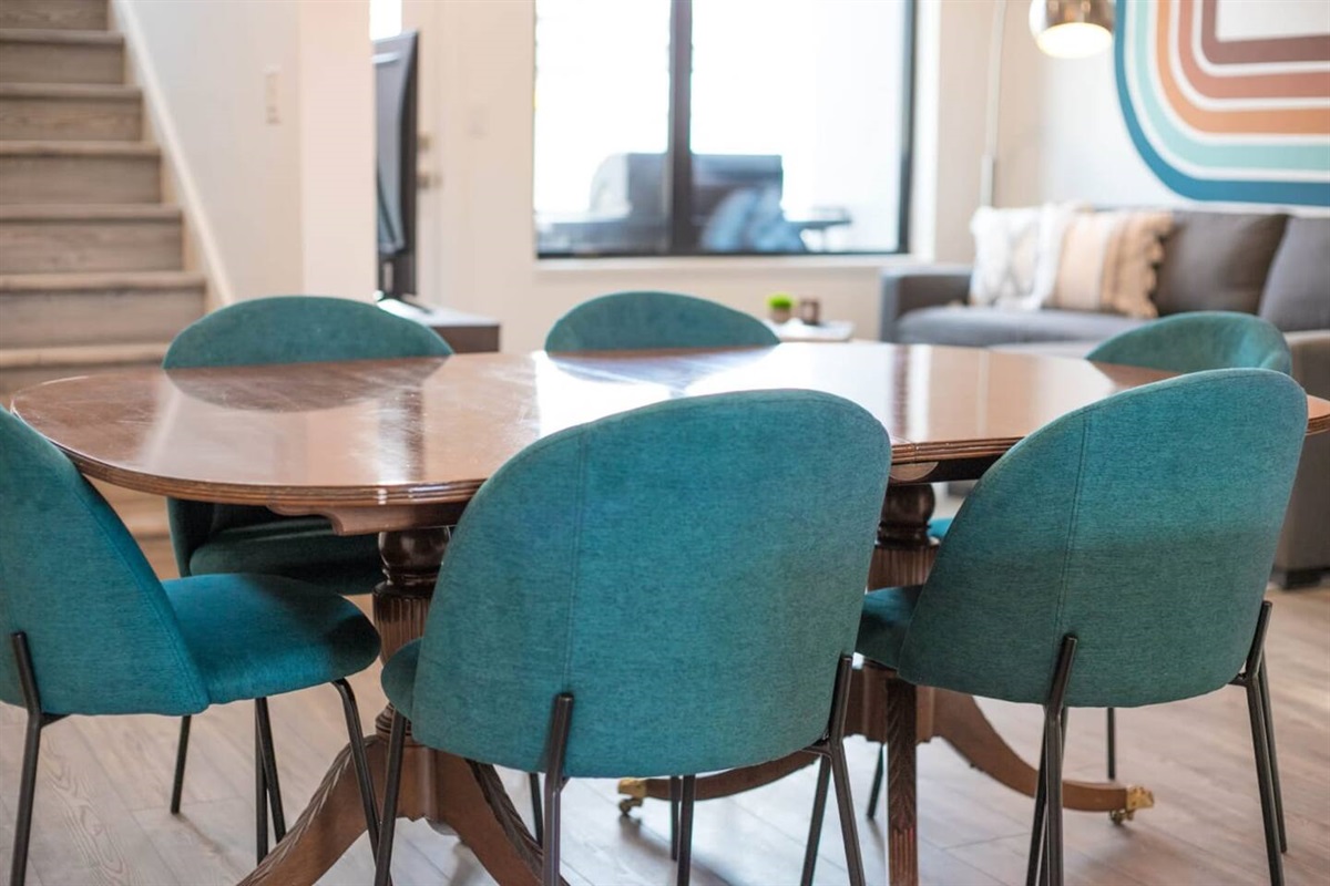 Dining table set for six.