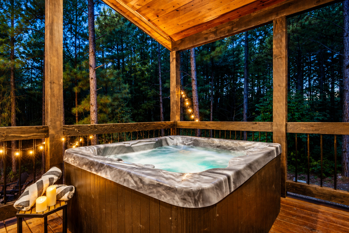 Sink into the hot tub beneath the pines, with peaceful woods behind you and nowhere you need to be.