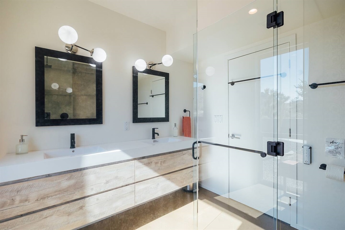 Master bathroom with two sinks and lots of drawer space.