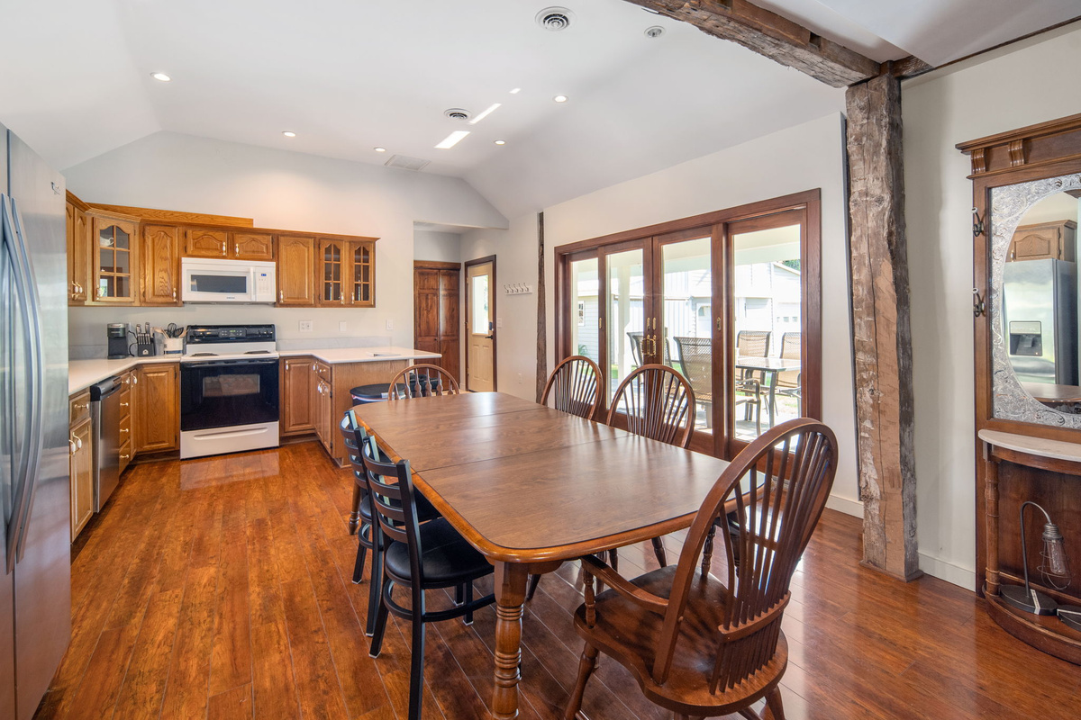 Enjoy meals indoors with convenient access to the covered patio.