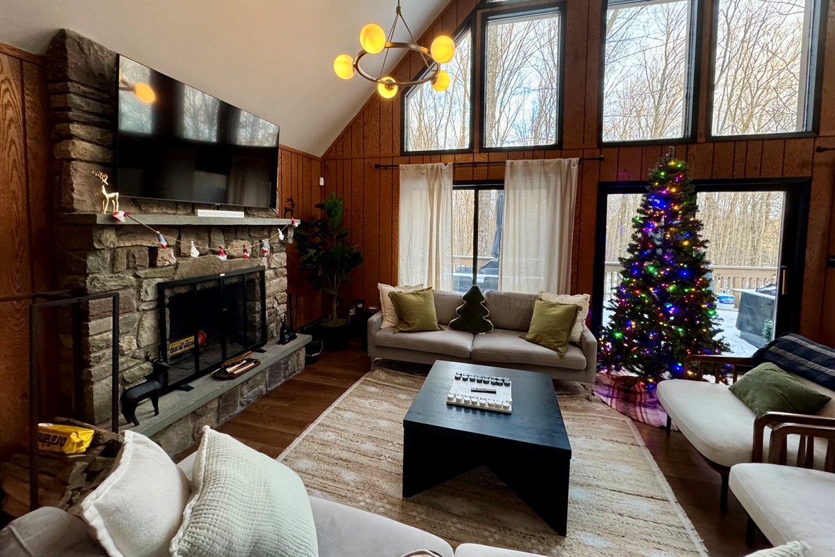 “Holiday-ready great room — cozy fires, twinkle lights, and family cheer.”