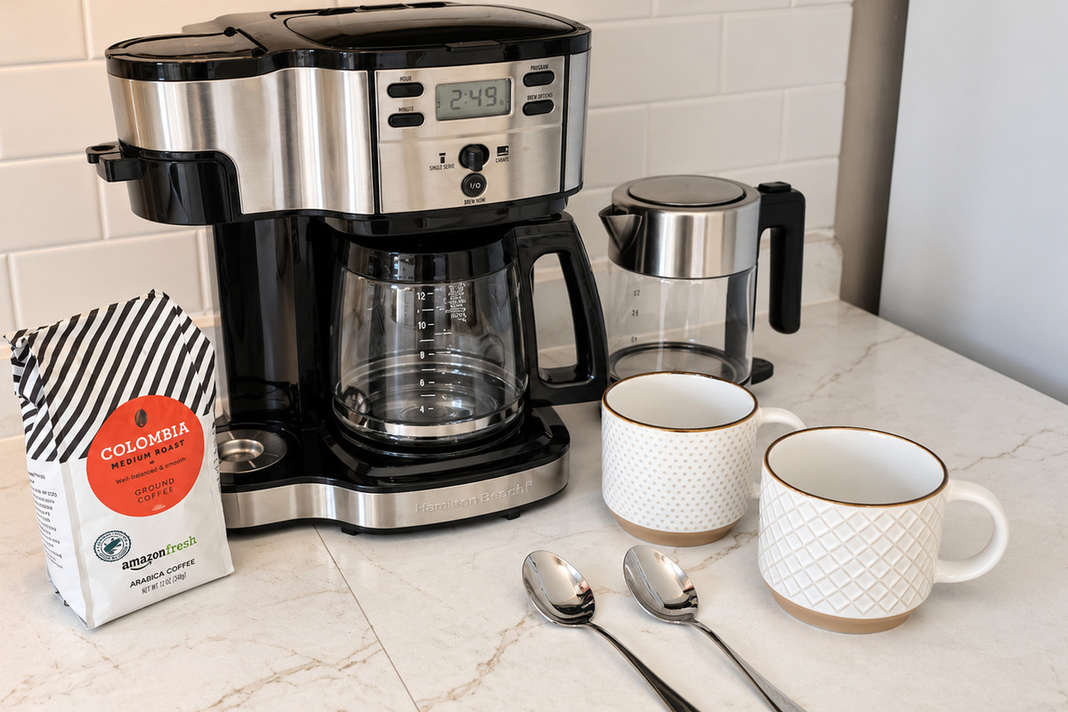 Coffee your way—our station is ready for easy mornings at Milburn.