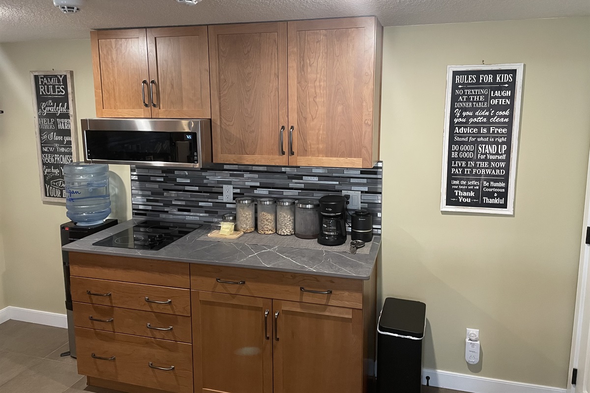 Two burner glass top stove. Microwave with vent fan and all the cooking equipment you will need for your stay.