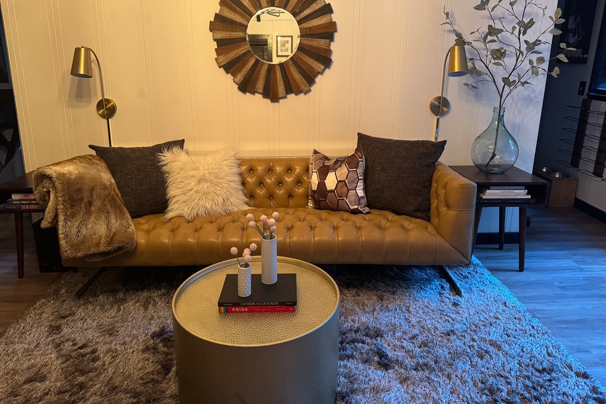 Cozy plush pillows and a comfy leather couch, perfect for curling up with a good book