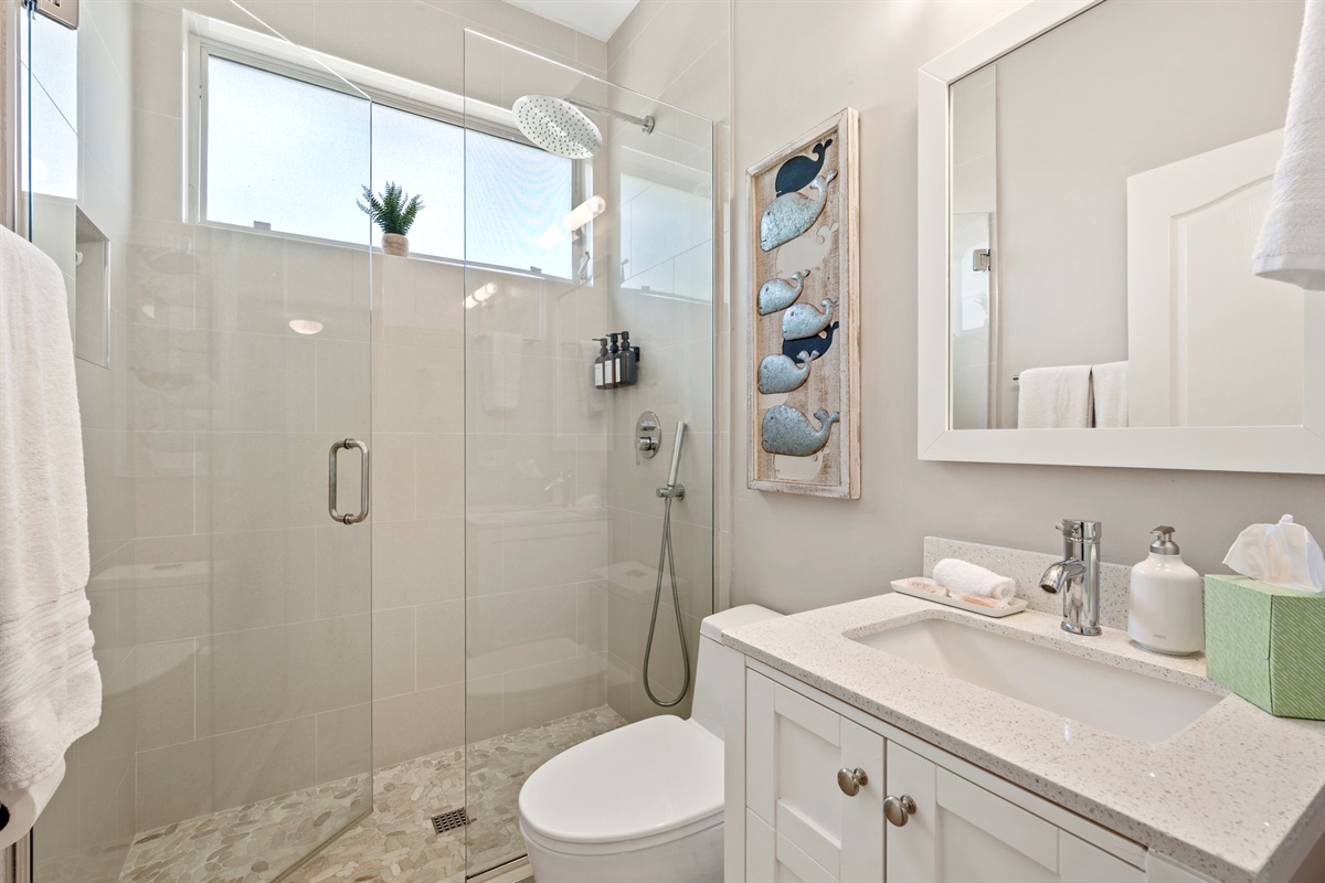 Newly renovated guest bathroom with quartz counter tops and rain shower