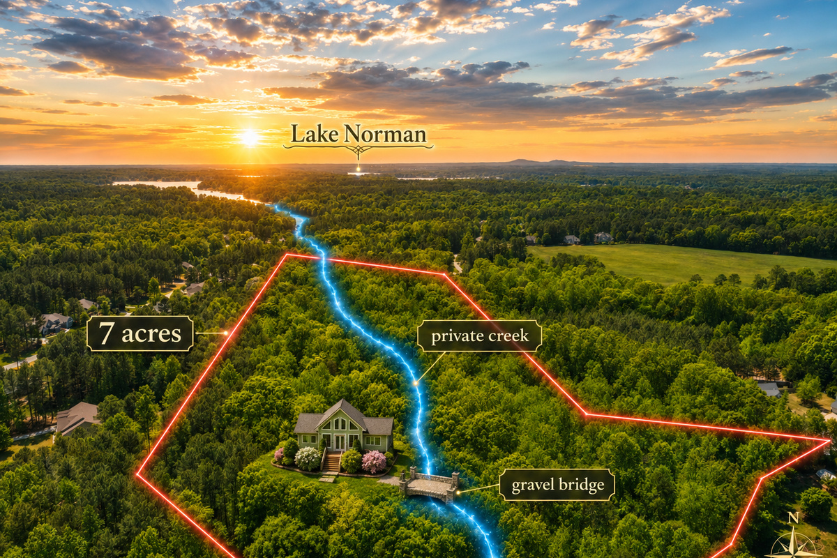 Stylized aerial overview showing the private wooded acreage, creek path, and bridge.
