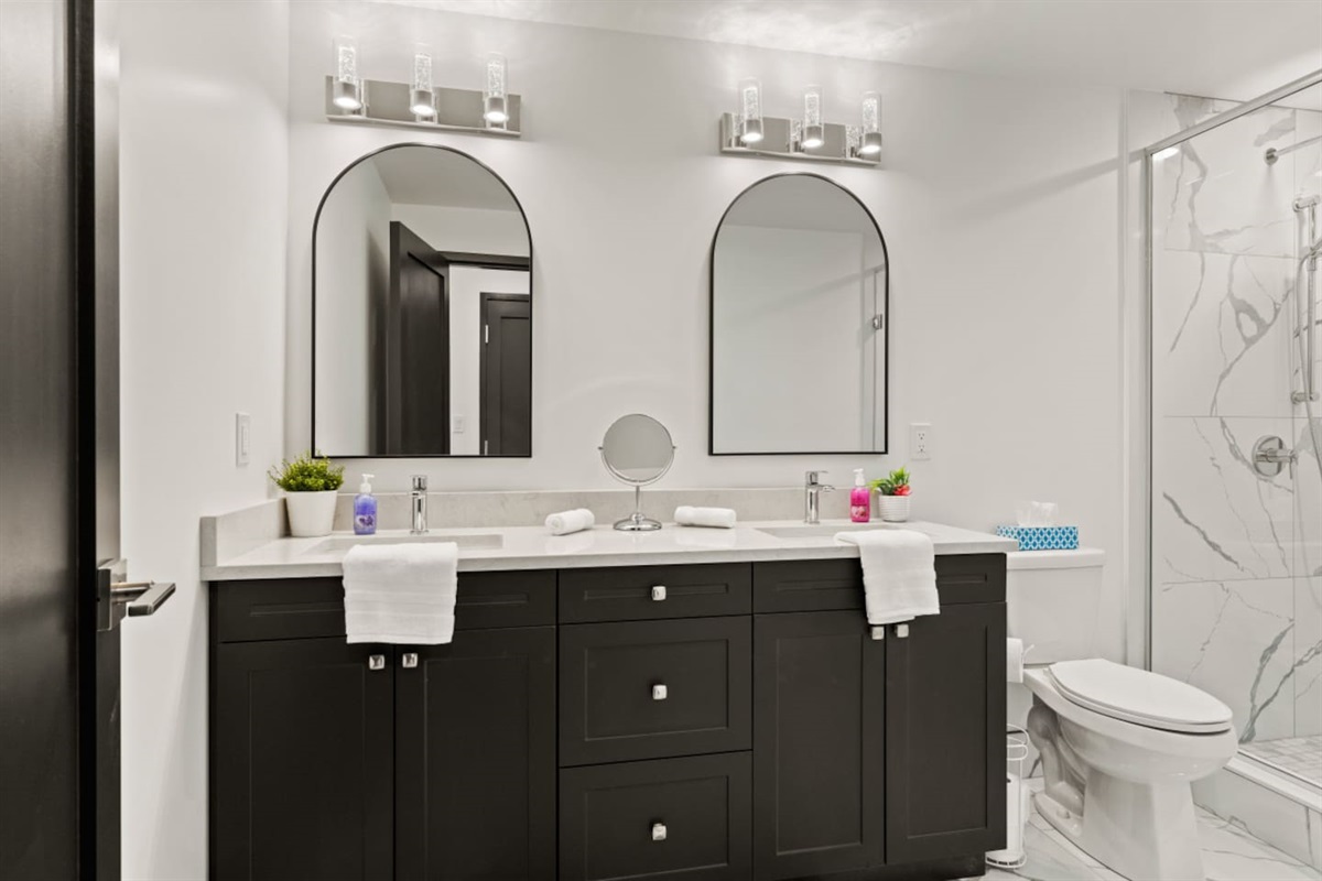Double sinks provide luxury and convenience.