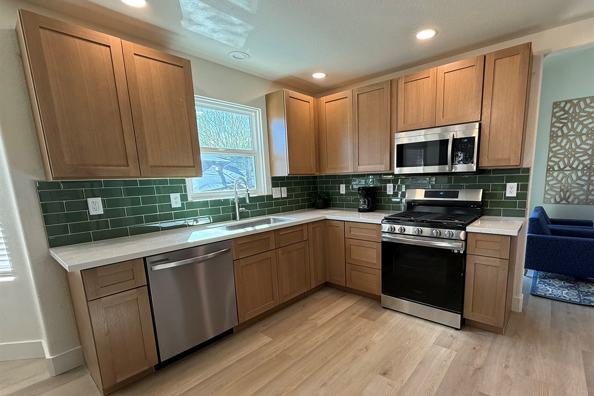 Newly-remodeled, well-stocked kitchen. Ground coffee is provided for drip coffee maker.