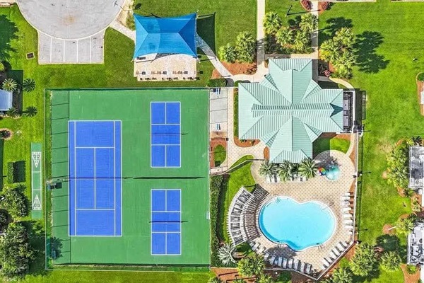 Tennis and pickleball court, pool and clubhouse