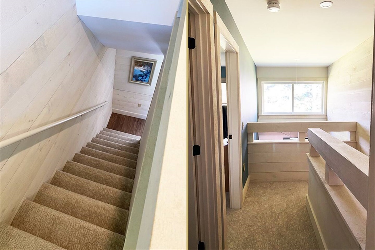 Newly carpeted stairs and second floor hallway.