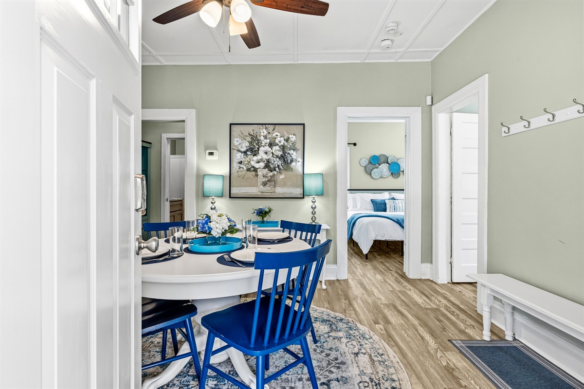 View from the front door into the dining room and the master bedroom