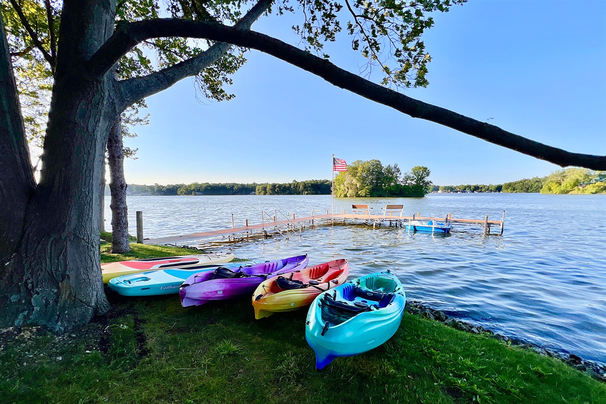 Paddleboards & Kayaks with Pedal Boat and Pier in Background