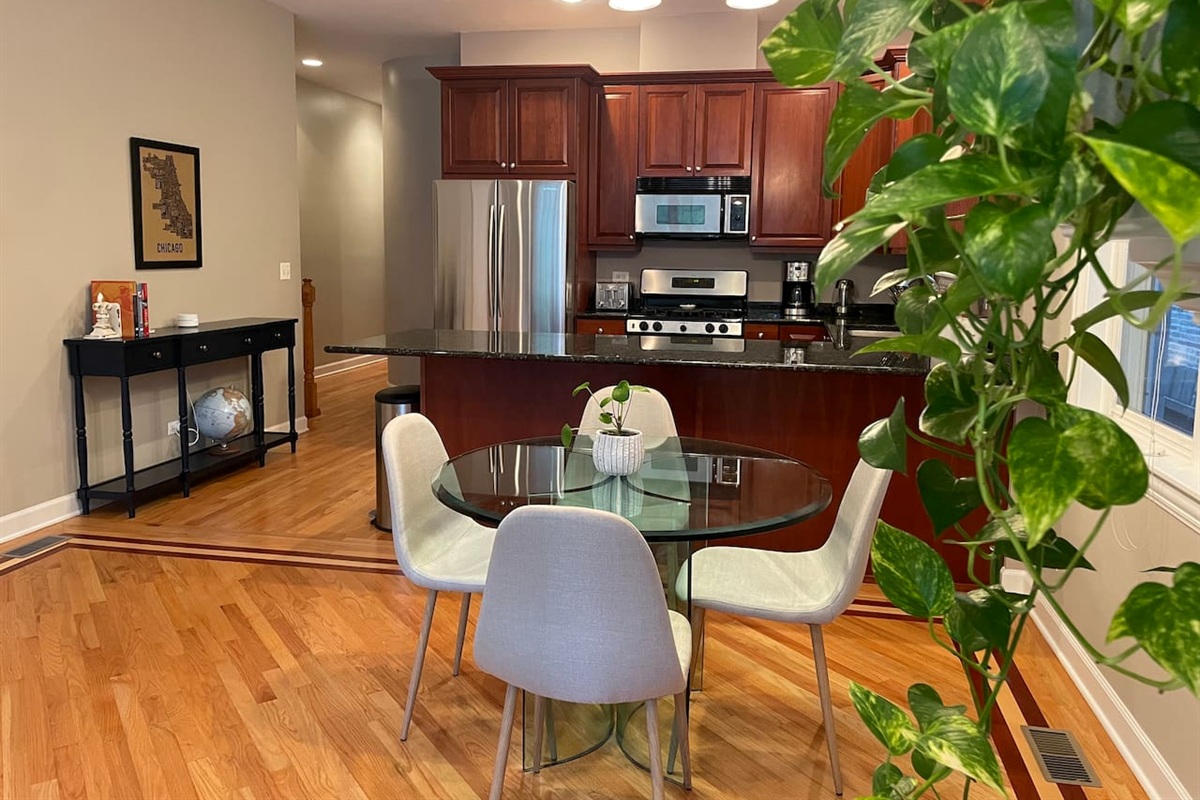 Fully. equipped kitchen with full-size appliances for cooking, takeout, or long stays