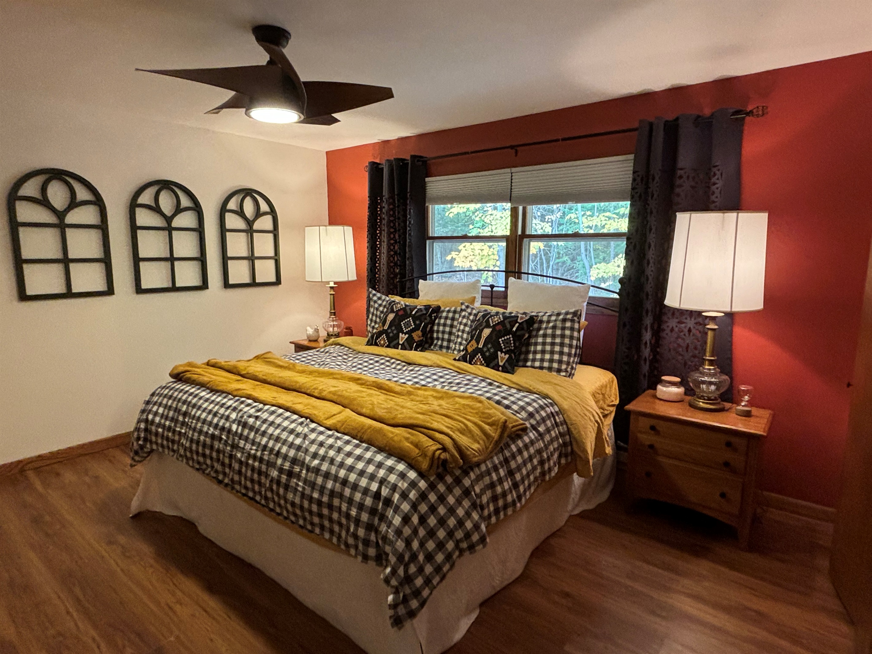 Bed 1: King bed, dimmable ceiling fan, blackout shades, multiple dressers, full closet, luggage rack,