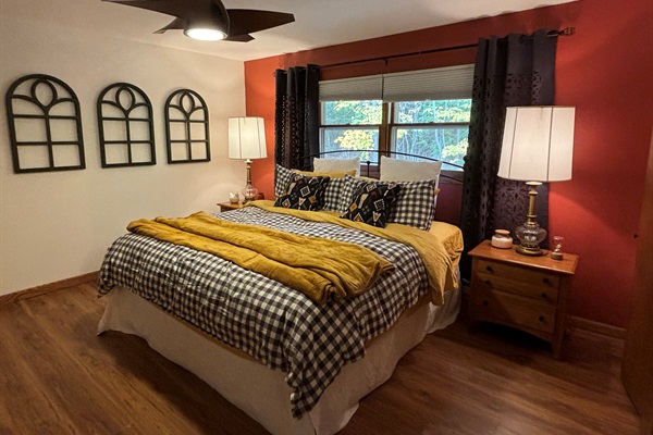 Bed 1: King bed, dimmable ceiling fan, blackout shades, multiple dressers, full closet, luggage rack,