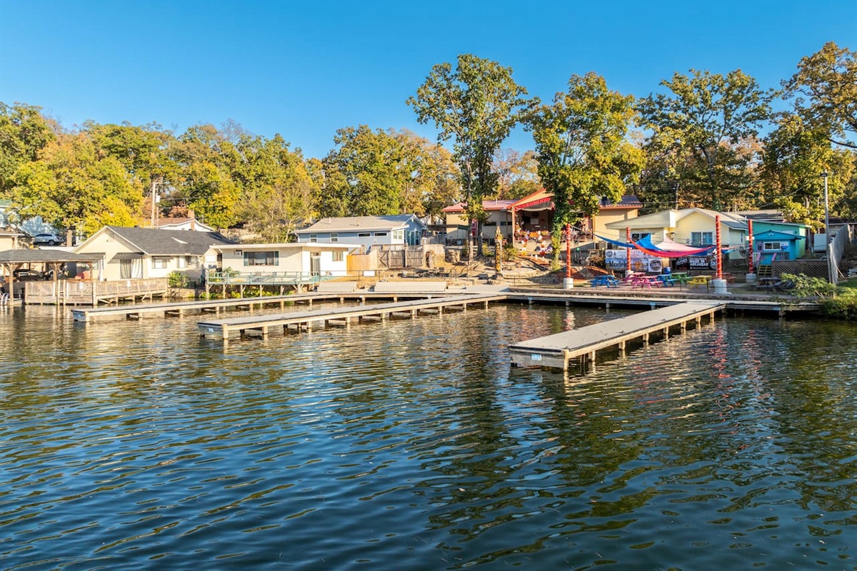 View of the Back of Canary Cottage (yellow cabin) from the Water.  