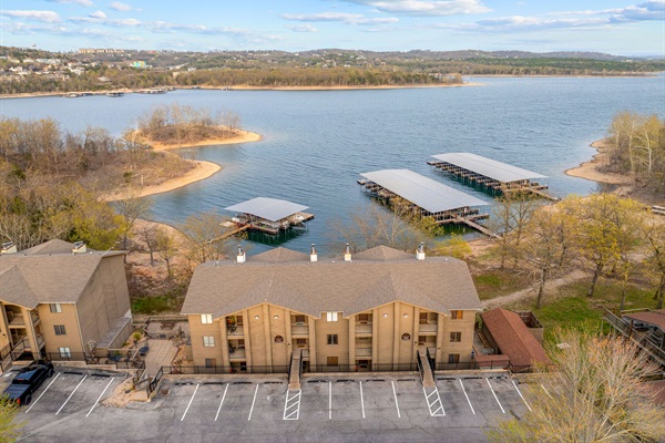 Outside of the building and distance to the boat dock. Our boat slip is located on the middle boat dock 