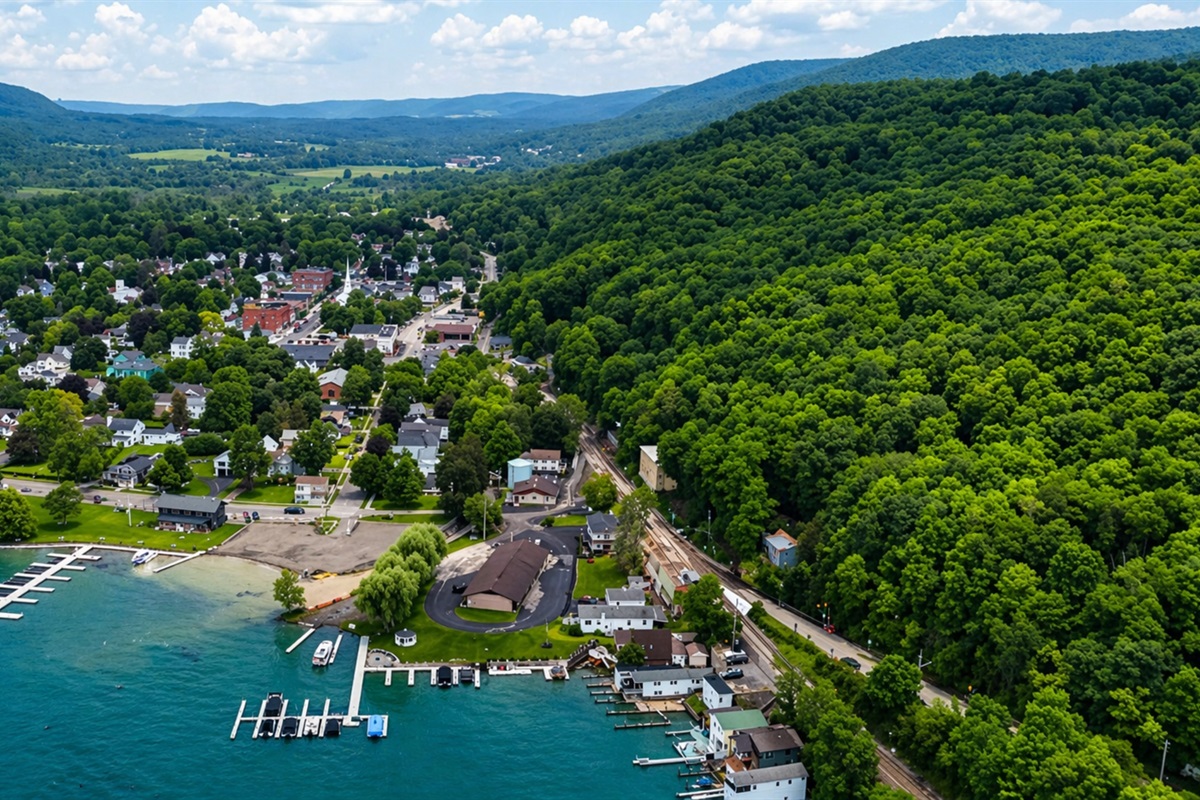 Aerial view of lakeside homes, docks, and lush greenery, offering peaceful water access. 🌊🏡🚤