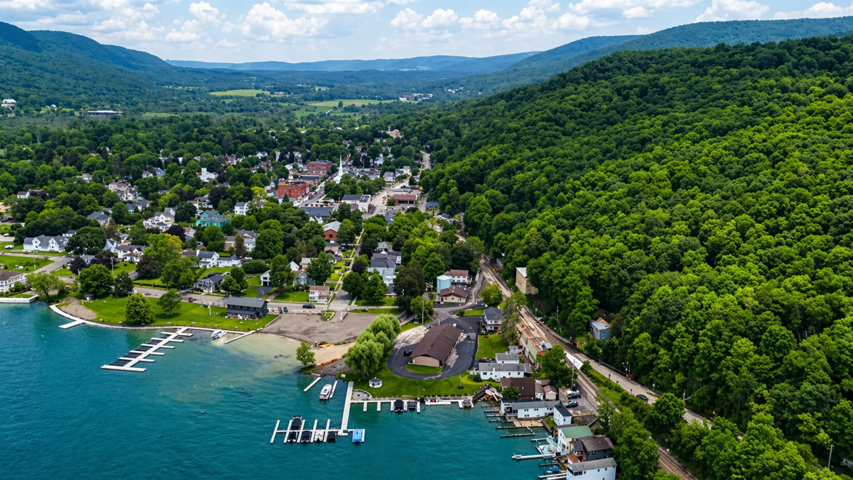 Aerial view of lakeside homes, docks, and lush greenery, offering peaceful water access. 🌊🏡🚤