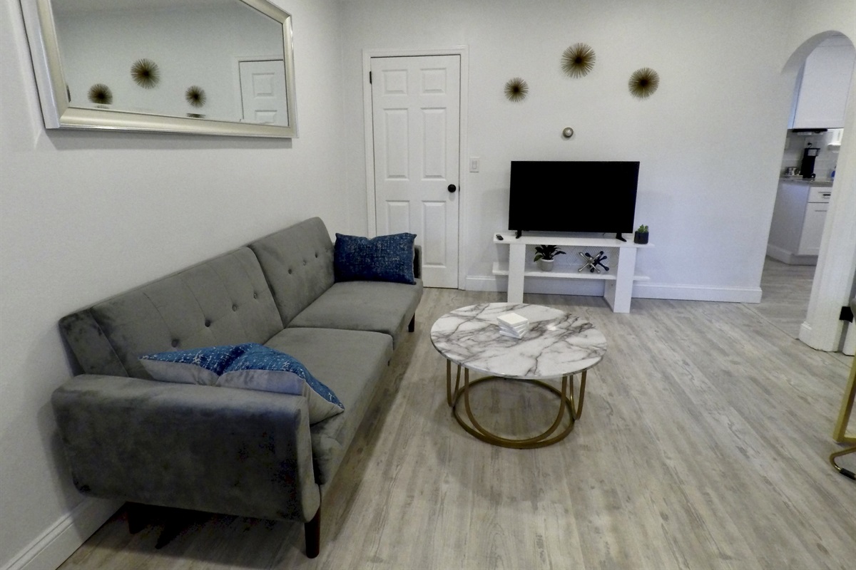 HD SmartTV and Sofa that folds flat to a 2nd bed