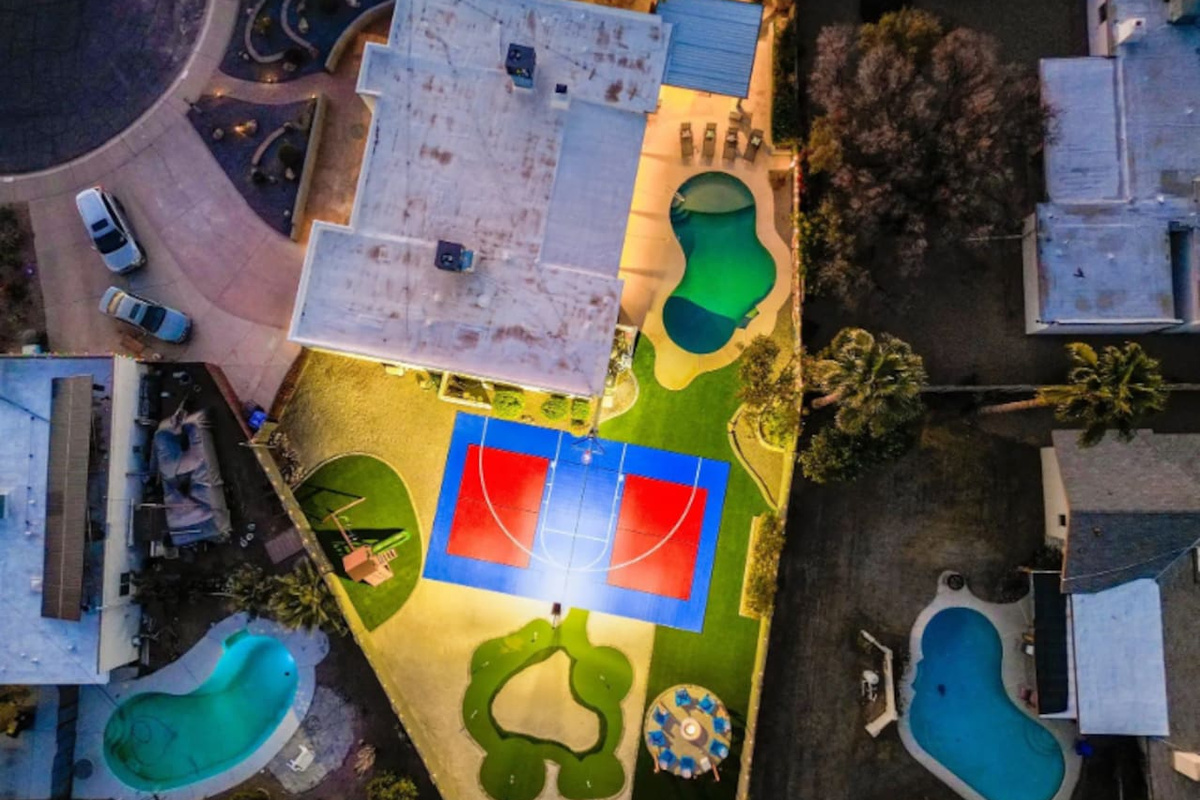 From above, the layout says it all — this isn't a backyard, it's a private resort.