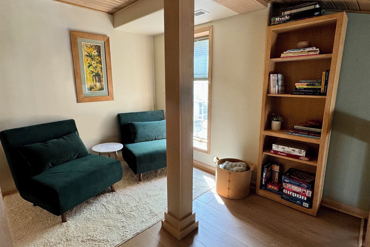 Loft above Gameroom - 2 Chairs unfold to 30" Singles or push together for Queen 