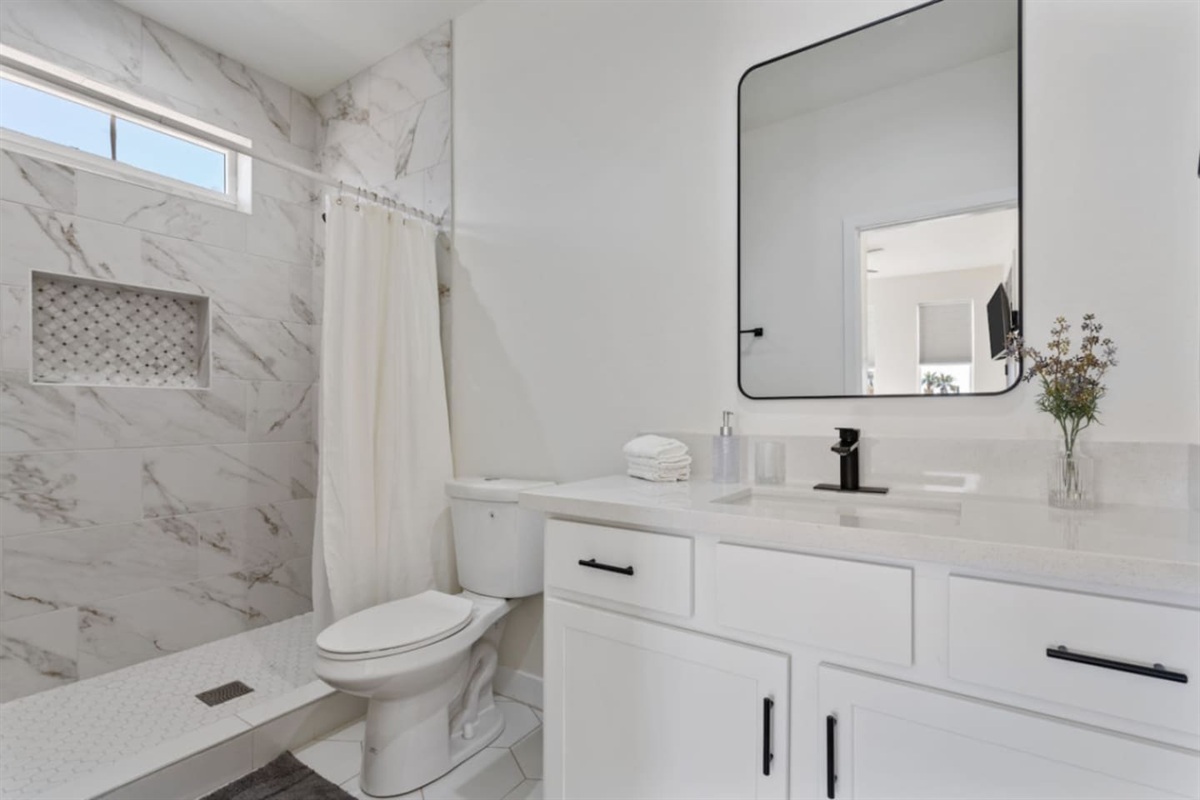 Guest bathroom with a walk-in shower, modern vanity, and clean everyday essentials.