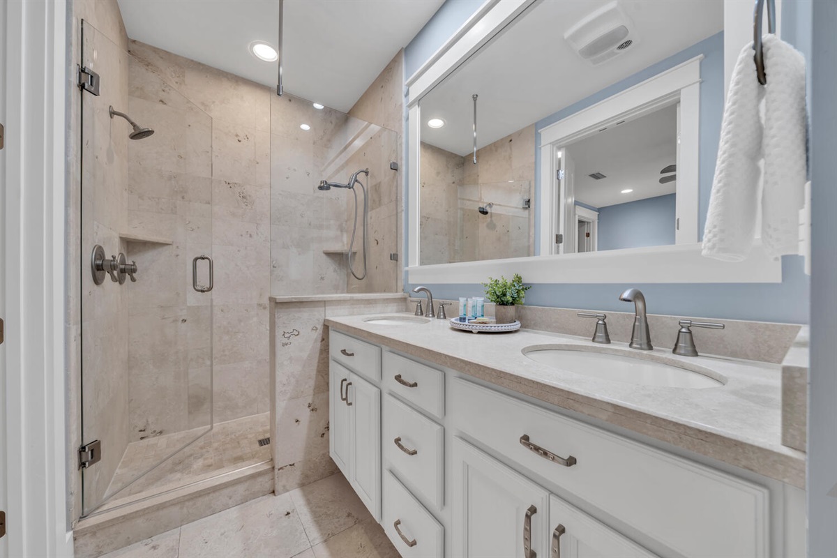 Spa-style bathroom with bright, fresh finishes.