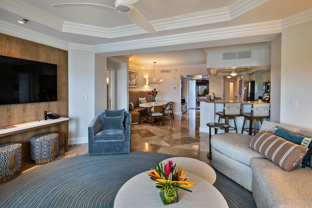 Refined living space at the Ritz-Carlton Residences, St. Thomas, offering upscale furnishings and an open layout in a luxury beachfront Caribbean condo.