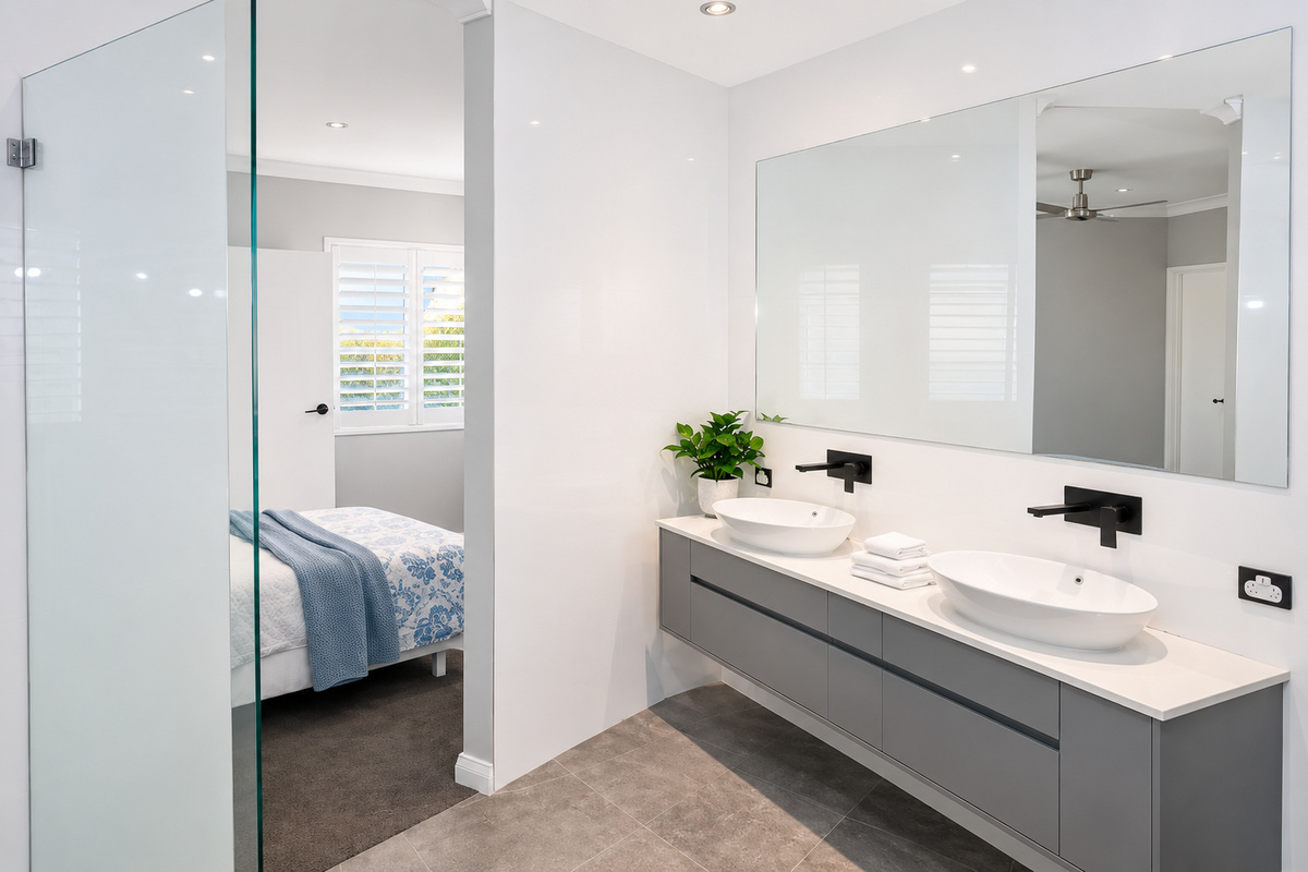 Full bathroom with bath, shower and toilet, adding practical amenity to Sant’s Beach Retreat’s five-bedroom layout.