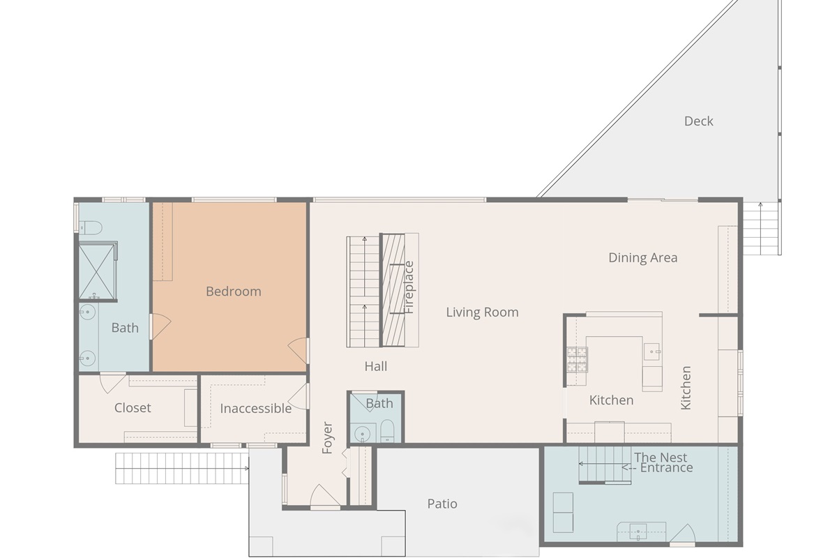 Hilltop Oasis's main floor plan. The main floor connects with The Oasis Abingdon (lower floor) with the internal stairwell near the fireplace.