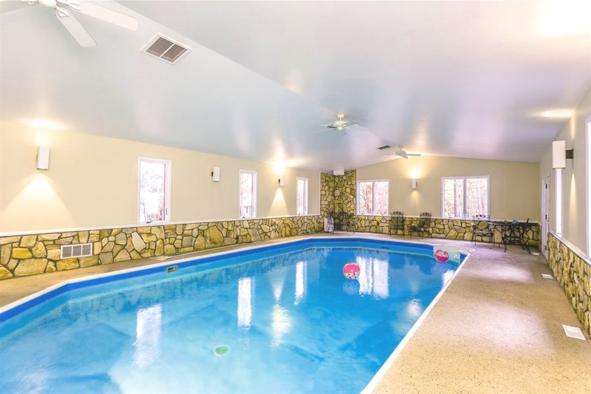 Heated indoor private swimming pool 16 x 32 feet. 3ft in shallow end, 5ft deep end.  In April 2025  - new pool liner!