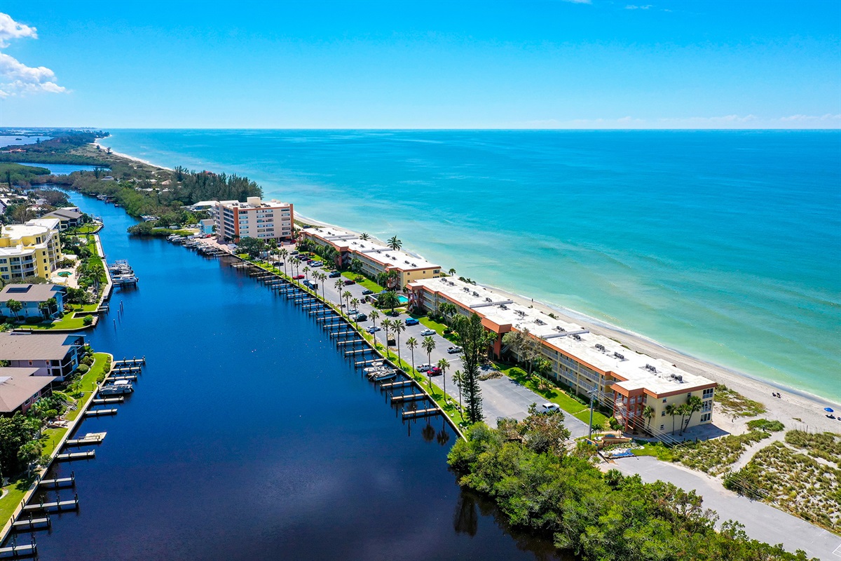 Aerial view of Fisherman's Cove, Blind Pass Lagoon & Gulf