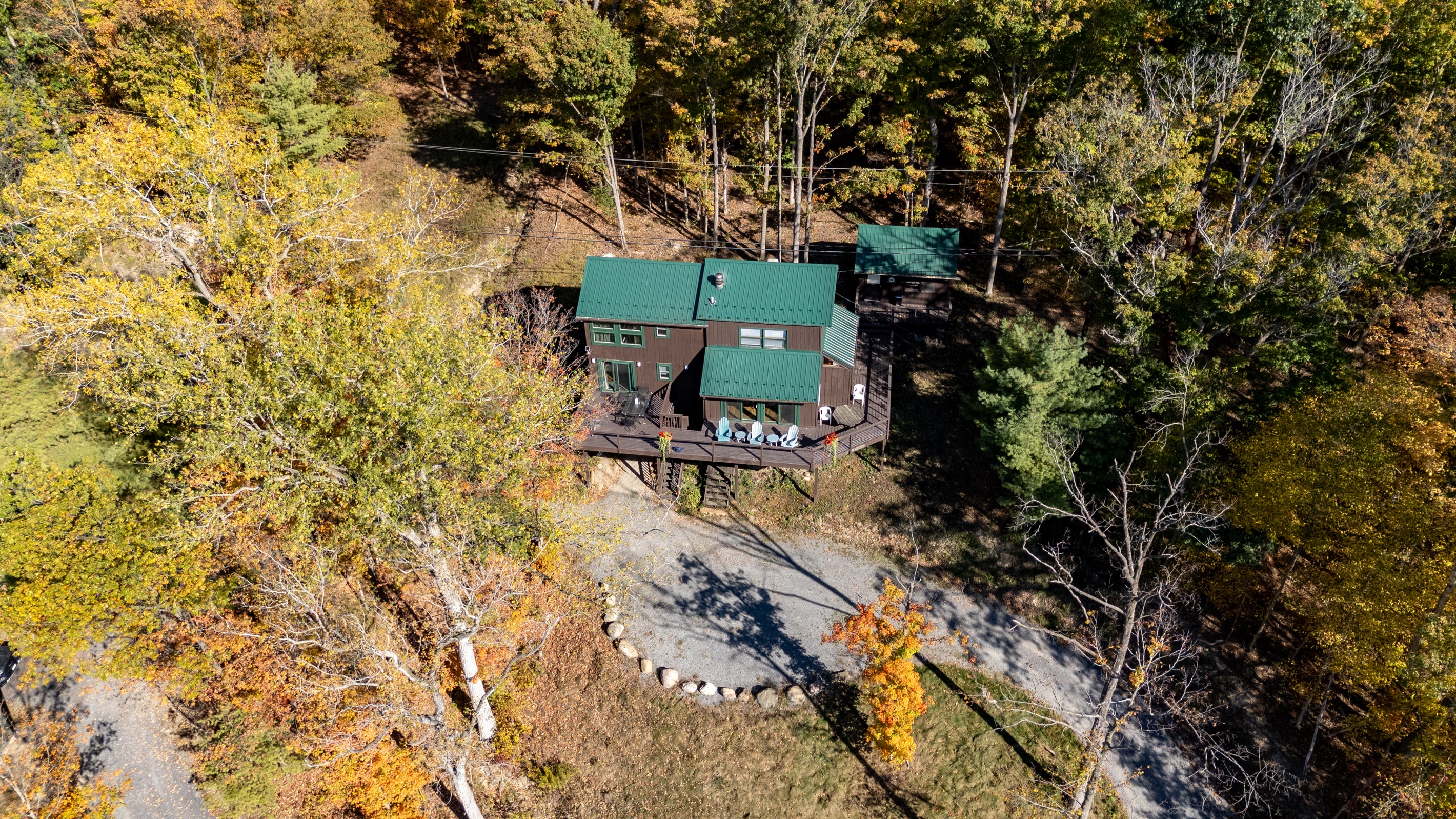 Green roof cabin sitting among golden leaves — cozy, private, ready for you.