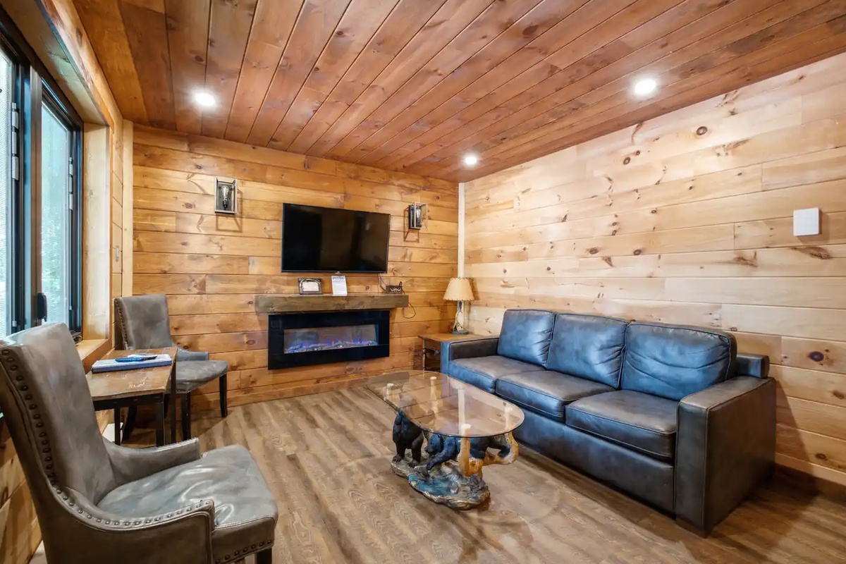 Comfortable living room with fireplace and wall-mounted TV