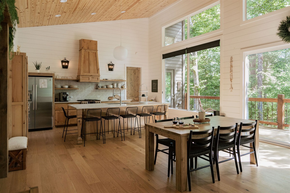 Main cabin: open kitchen and dining space for gathering together.
