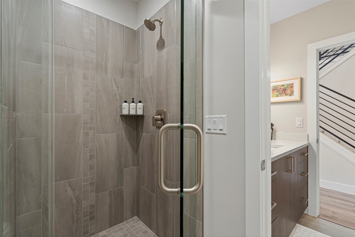 Modern walk-in shower with spa-inspired finishes.