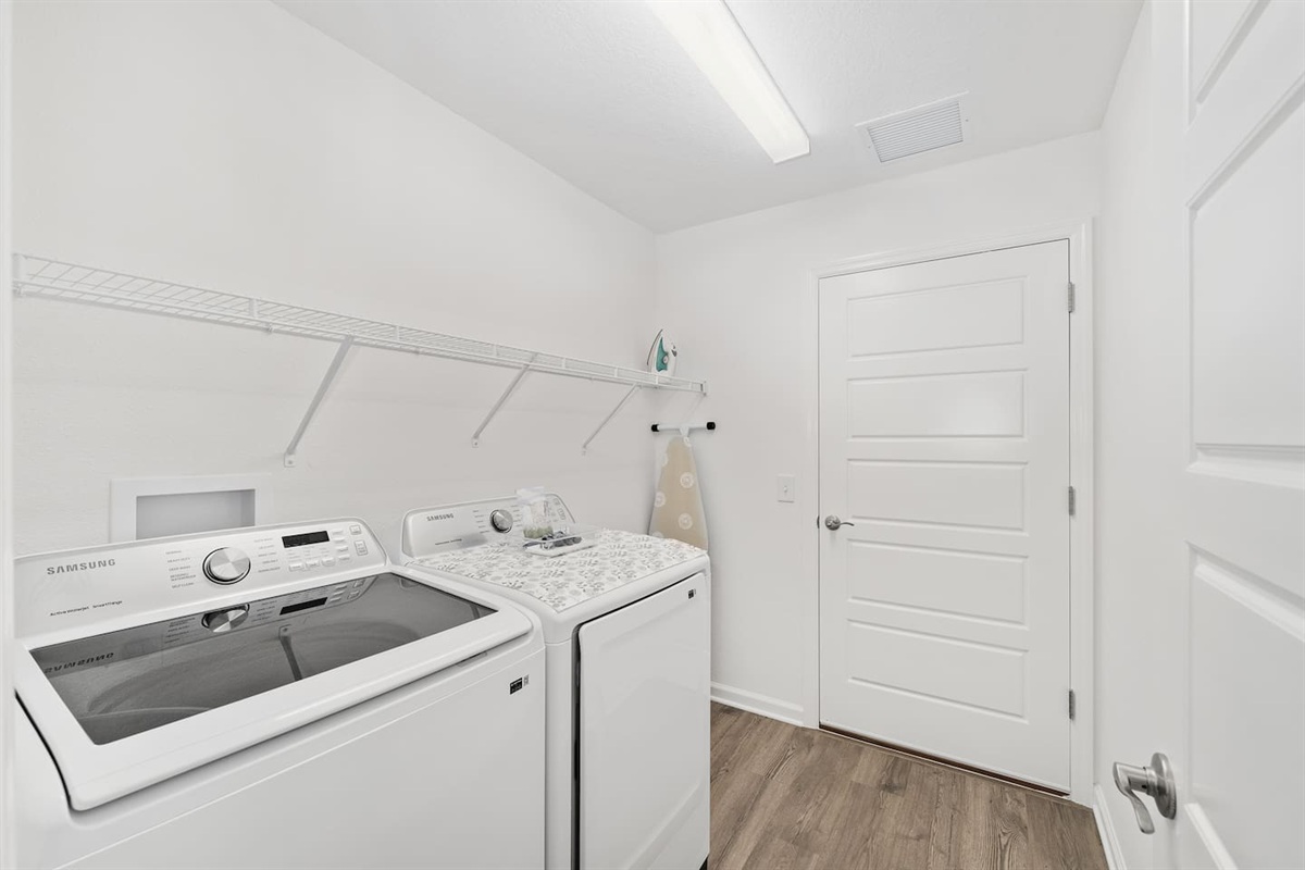 A full sized washer and dryer are available for you.  We do provide an initial starter supply and laundry detergent if needed.