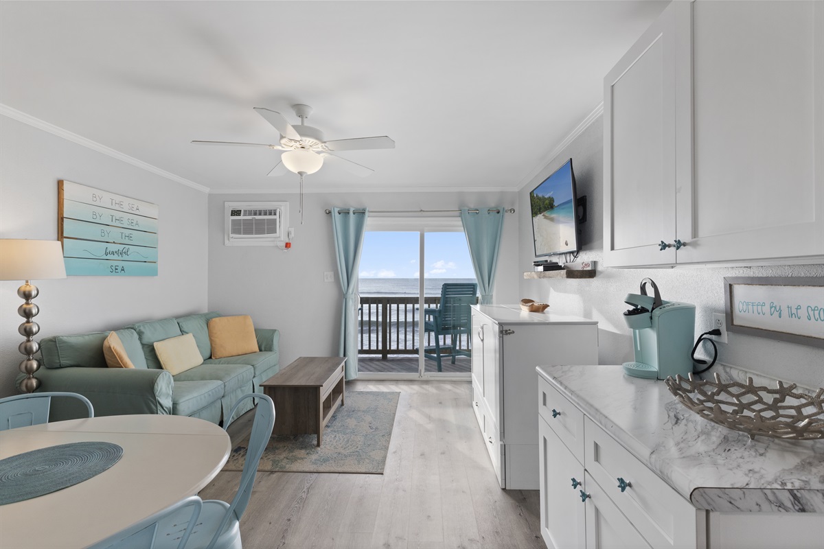 Living room and Ocean View from the Kitchen