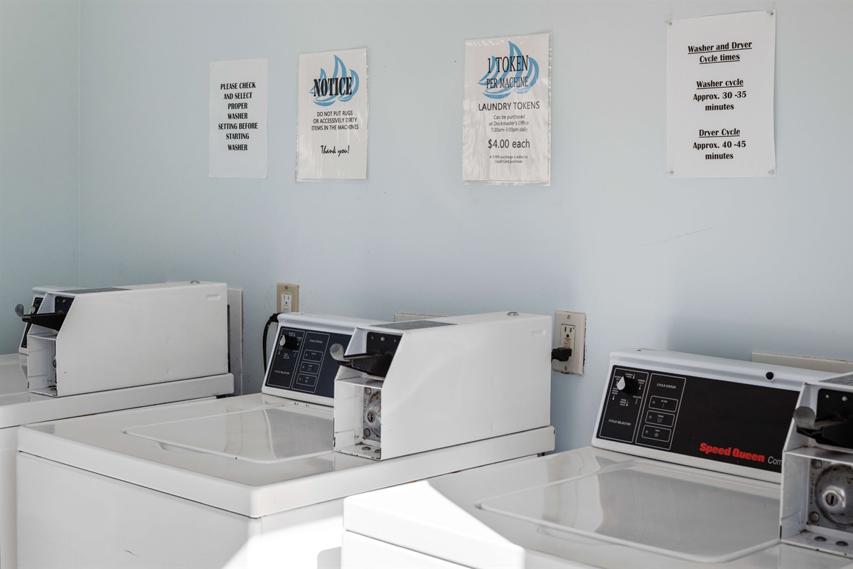 Laundry machines available for guests. Must purchase tokens at the marina office.