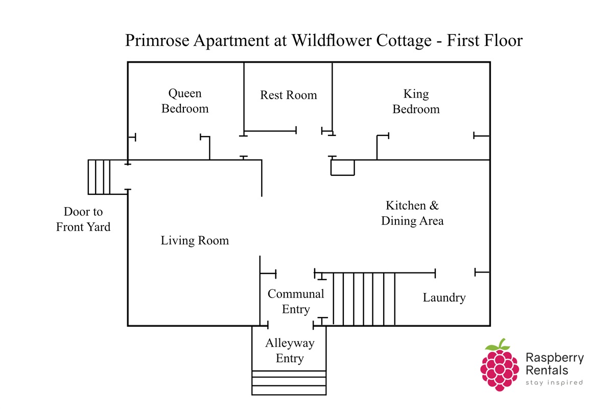 Floorplan showing entry to house off alleyway and front yard, entering into living room and kitchen, with one queen bedroom and one king bedroom, and a rest room between, as well as laundry off the kitchen.
