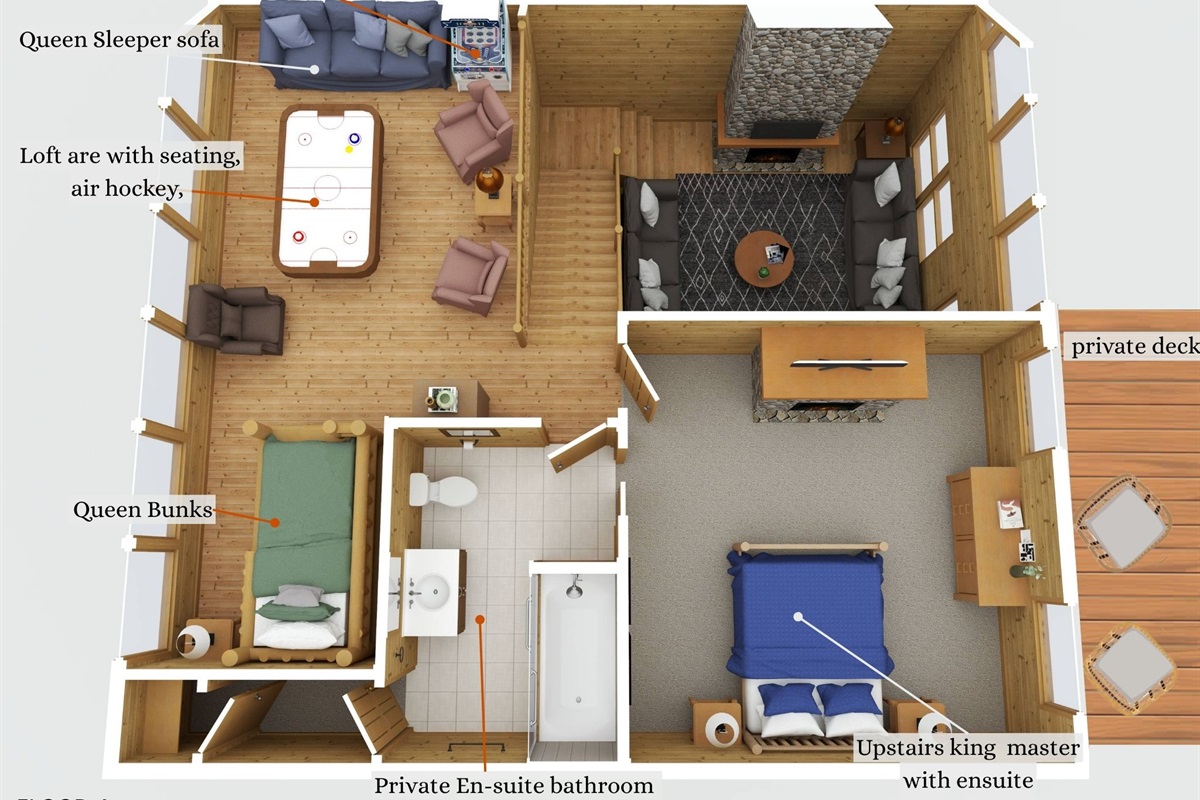 Loft level (one level up from main floor. King suite with private deck, Queen bunks, air hockey, Golden Tee, Queen sleeper sofa