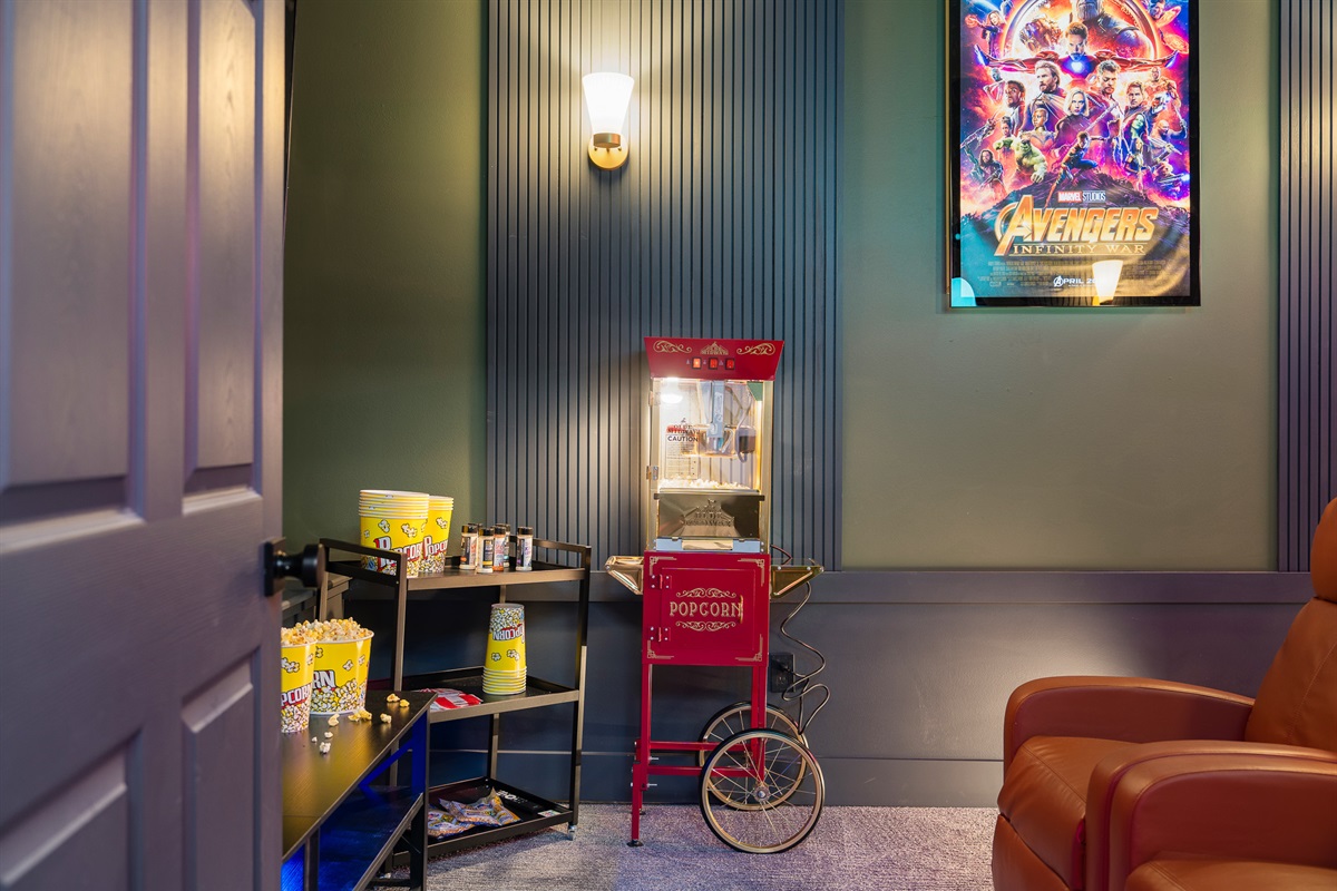 Popcorn station and theatre details - small touches that elevate the overall experience
