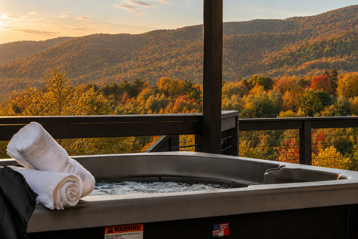 Soak in the hot tub while taking in sweeping fall mountain views and a peaceful golden-hour sunset.