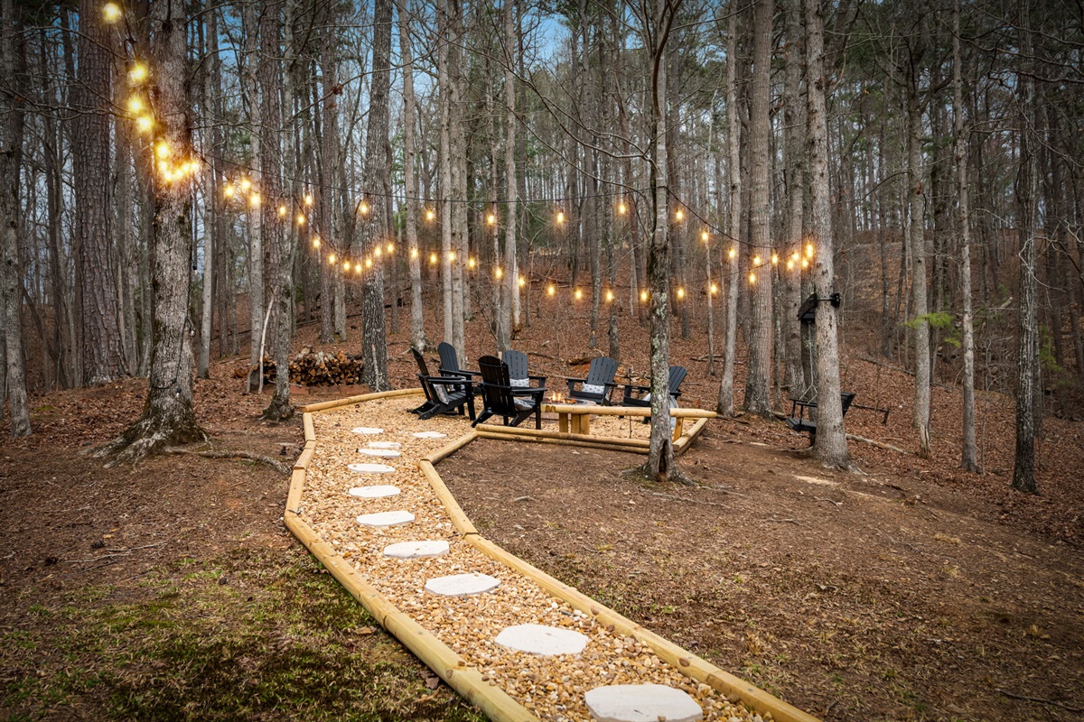 Soft string lights add a charming glow, enhancing the ambiance as the sun sets.