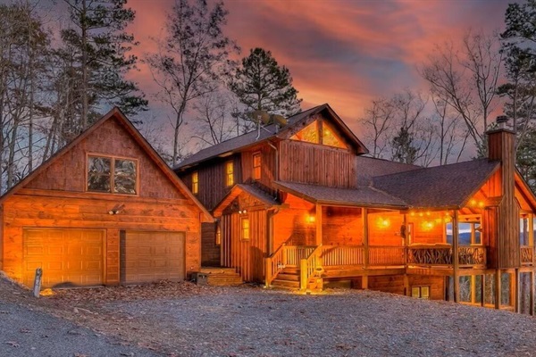 Sunset view of our Blue Ridge Mountains cabin exterior.