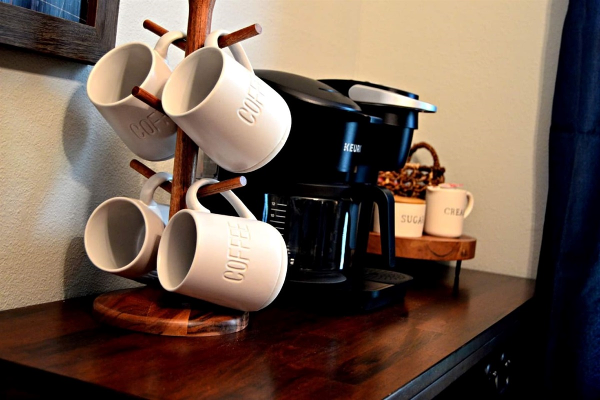 K-cups and coffee grounds provided. Sugar and creamer also available. 