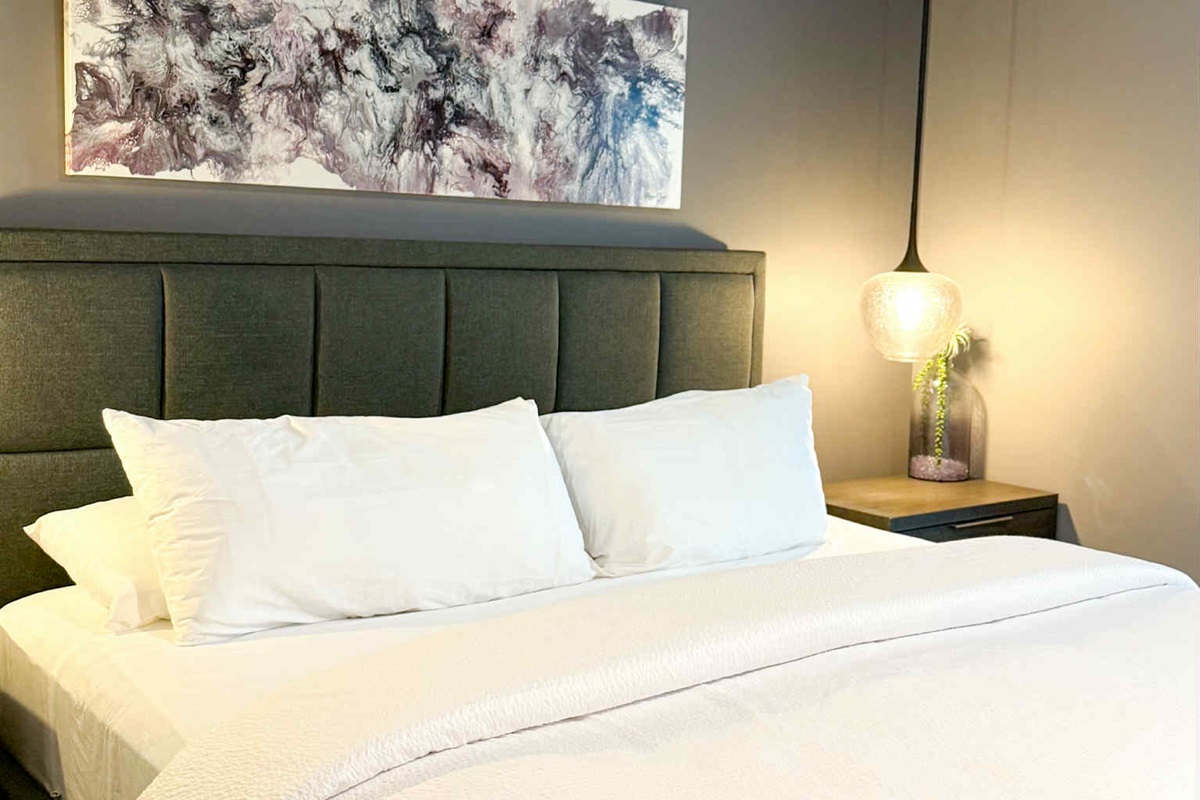 King bed. Streaming TV. Darkening blinds.