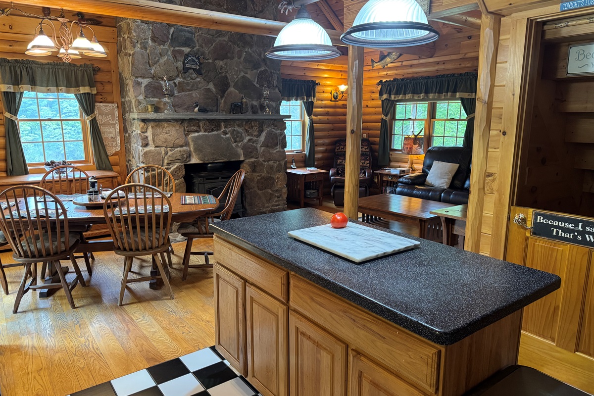 Kitchen, dining, living area