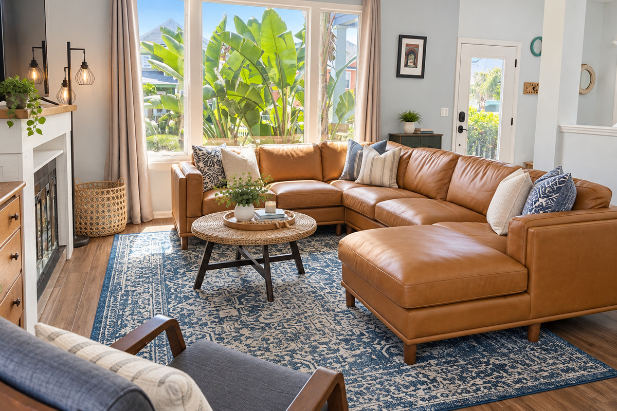 Deep leather sectional beneath a big window of banana leaves, a bright, comfy spot to stretch out after the beach.